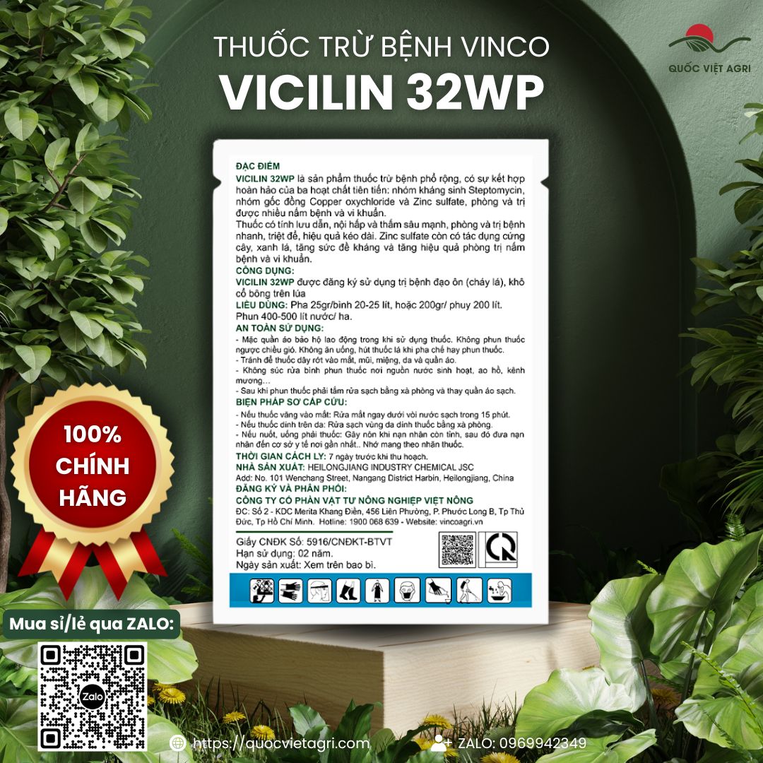 Thành phần Đồng, Kẽm, Kháng sinh in ở mặt sau gói Vicilin 32WP.