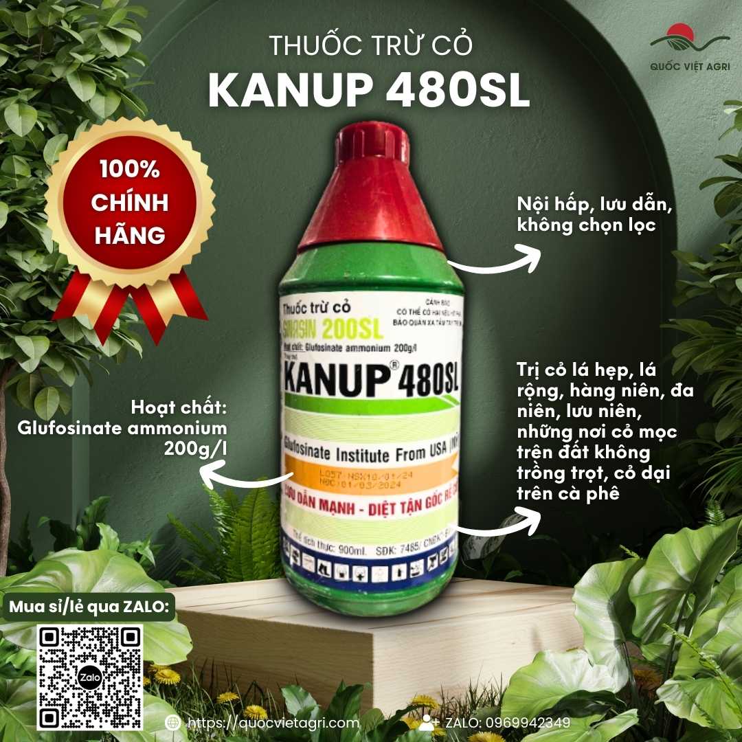 Mặt trước chai thuốc trừ cỏ Kanup 480SL (Sinasin 200SL) 900ml, chuyên dùng để khai hoang, diệt cỏ tranh, sản phẩm công nghệ Mỹ.