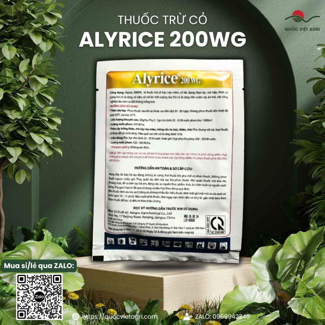 Mặt sau gói thuốc trừ cỏ Alyrice 200WG 35g, chuyên dùng để diệt cỏ chác lác, lá rộng hại lúa, sản phẩm chính hãng.