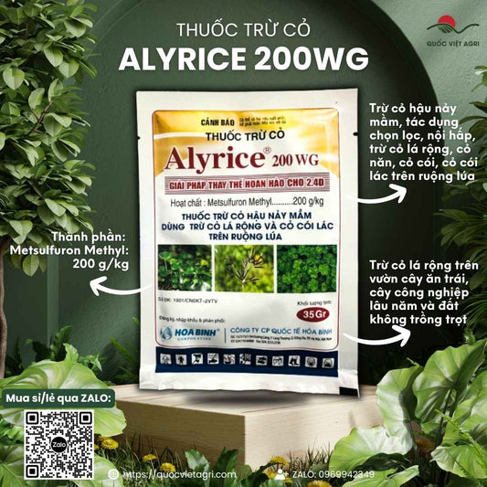 Mặt trước gói thuốc trừ cỏ Alyrice 200WG 35g, chuyên dùng để diệt cỏ chác lác, lá rộng hại lúa, sản phẩm chính hãng.