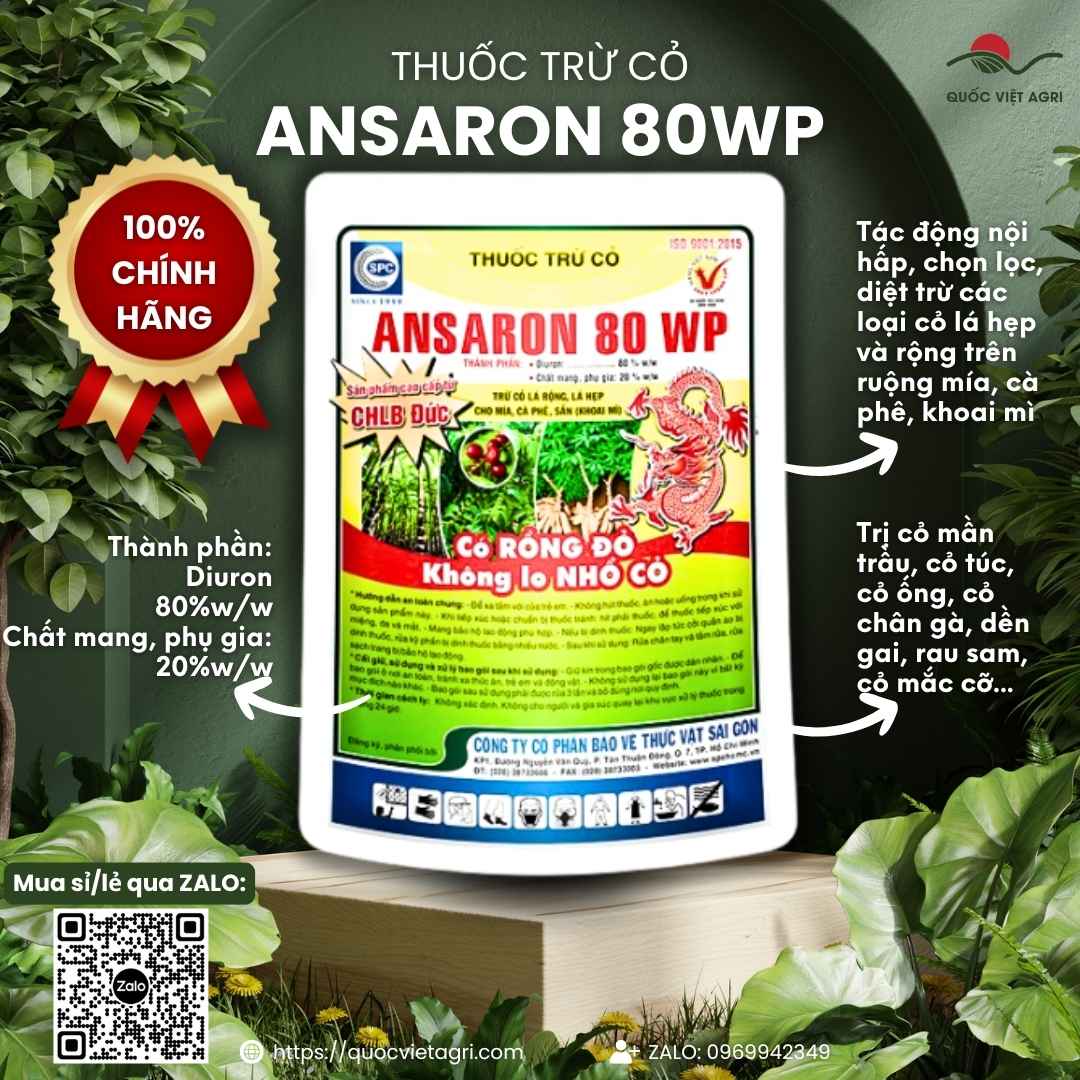Mặt trước gói thuốc trừ cỏ Ansaron 80WP 750g, chuyên dùng để diệt cỏ mầm cho mía, cà phê, sản phẩm chính hãng.