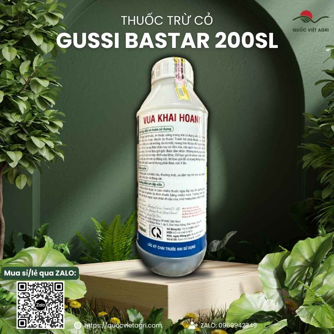Mặt sau chai thuốc trừ cỏ Gussi Bastar 200SL 900ml với thông tin thành phần hoạt chất Glufosinate-Ammonium 200g/l và hướng dẫn sử dụng.