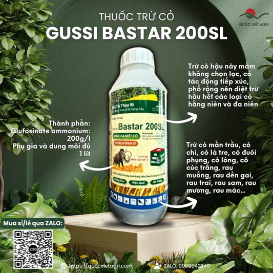 Mặt trước chai thuốc trừ cỏ GUSSI BASTAR 200SL 900ml, chứa Glufosinate ammonium 200g/l, công nghệ Delta Thụy Sĩ, diệt cỏ tận gốc.