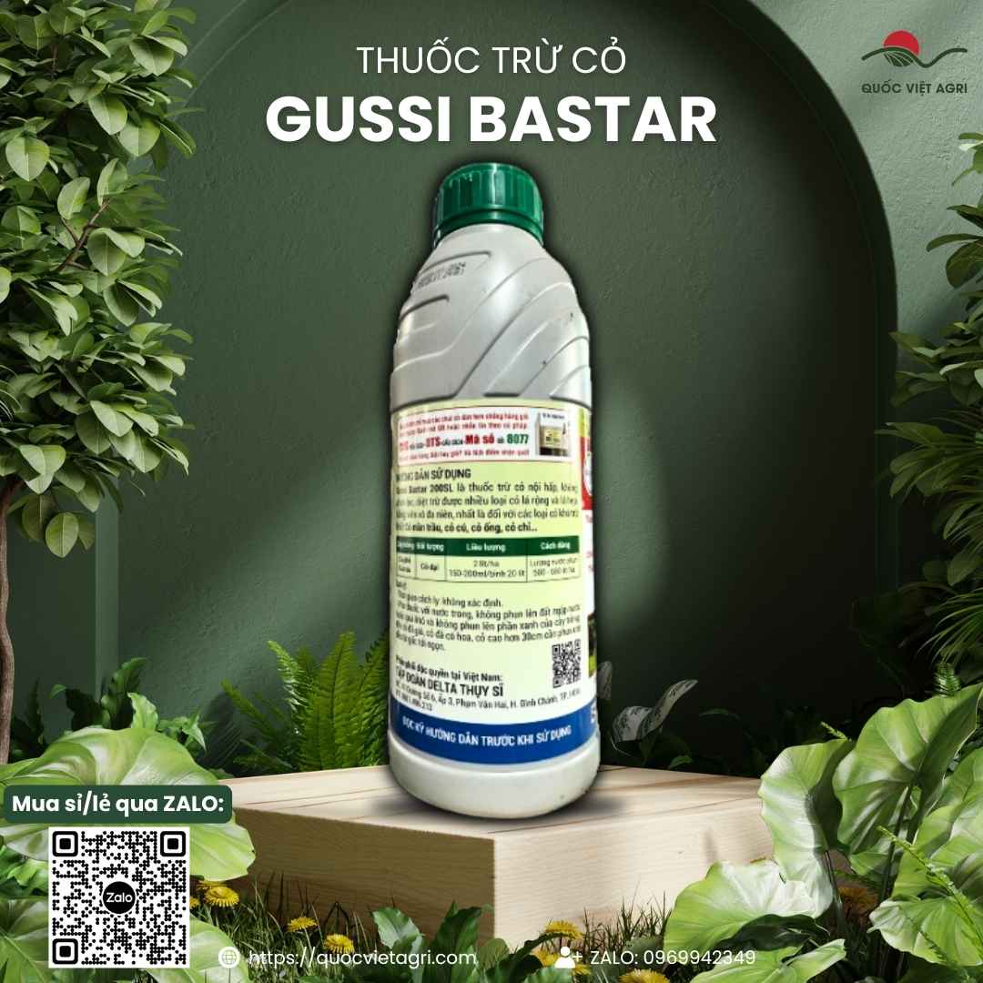 Mặt sau chai Gussi Bastar với hướng dẫn sử dụng diệt cỏ cho cà phê, cao su thay thế Paraquat.