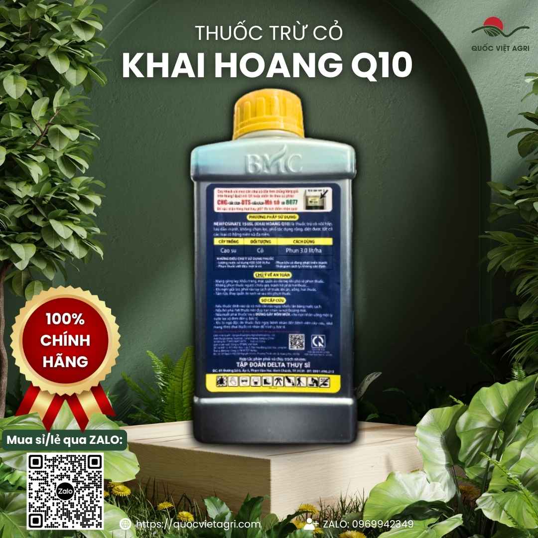 Mặt sau chai thuốc trừ cỏ Khai Hoang Q10 900ml với thông tin thành phần hoạt chất Glufosinate-Ammonium và hướng dẫn sử dụng.
