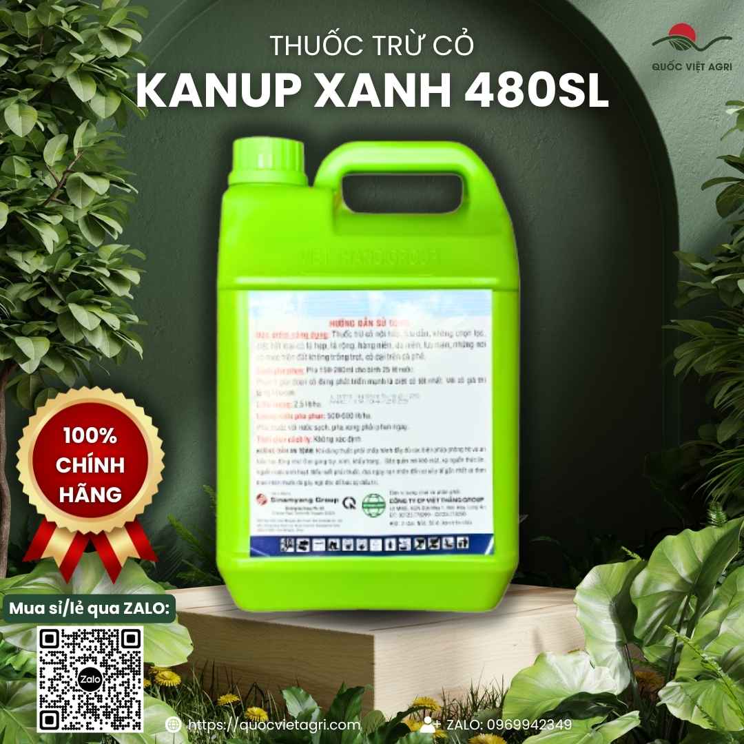 Mặt sau can thuốc trừ cỏ Kanup Xanh 480SL 4.5 Lít với thông tin thành phần hoạt chất Glufosinate ammonium 200g/l và hướng dẫn sử dụng chi tiết.