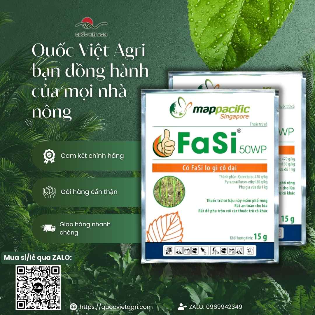 Mặt sau gói thuốc trừ cỏ Fasi 50WP 15g, chuyên dùng để diệt cỏ chác lác, lá rộng hại lúa, sản phẩm chính hãng MAP PACIFIC.