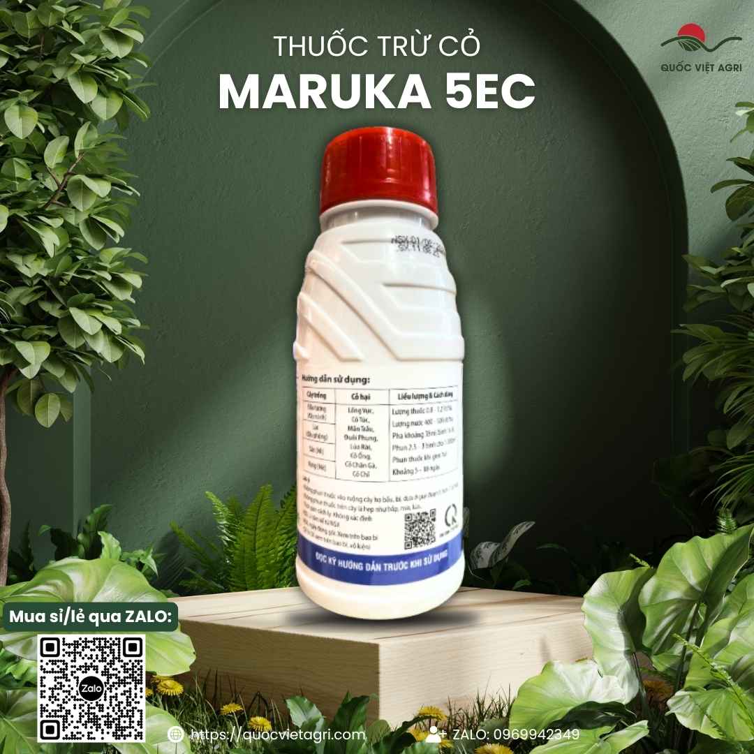 Mặt sau chai thuốc trừ cỏ Maruka 5EC 480ml với thông tin thành phần hoạt chất Quizalofop-P-ethyl và hướng dẫn sử dụng chi tiết.