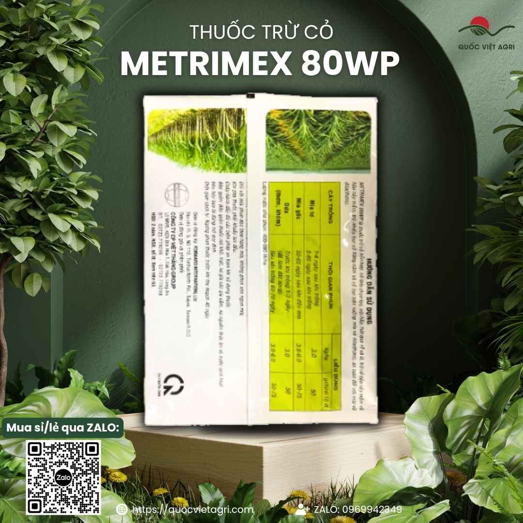 Mặt sau gói thuốc trừ cỏ Metrimex 80WP 1kg với thông tin thành phần Ametryn, Atrazine và hướng dẫn sử dụng chi tiết.