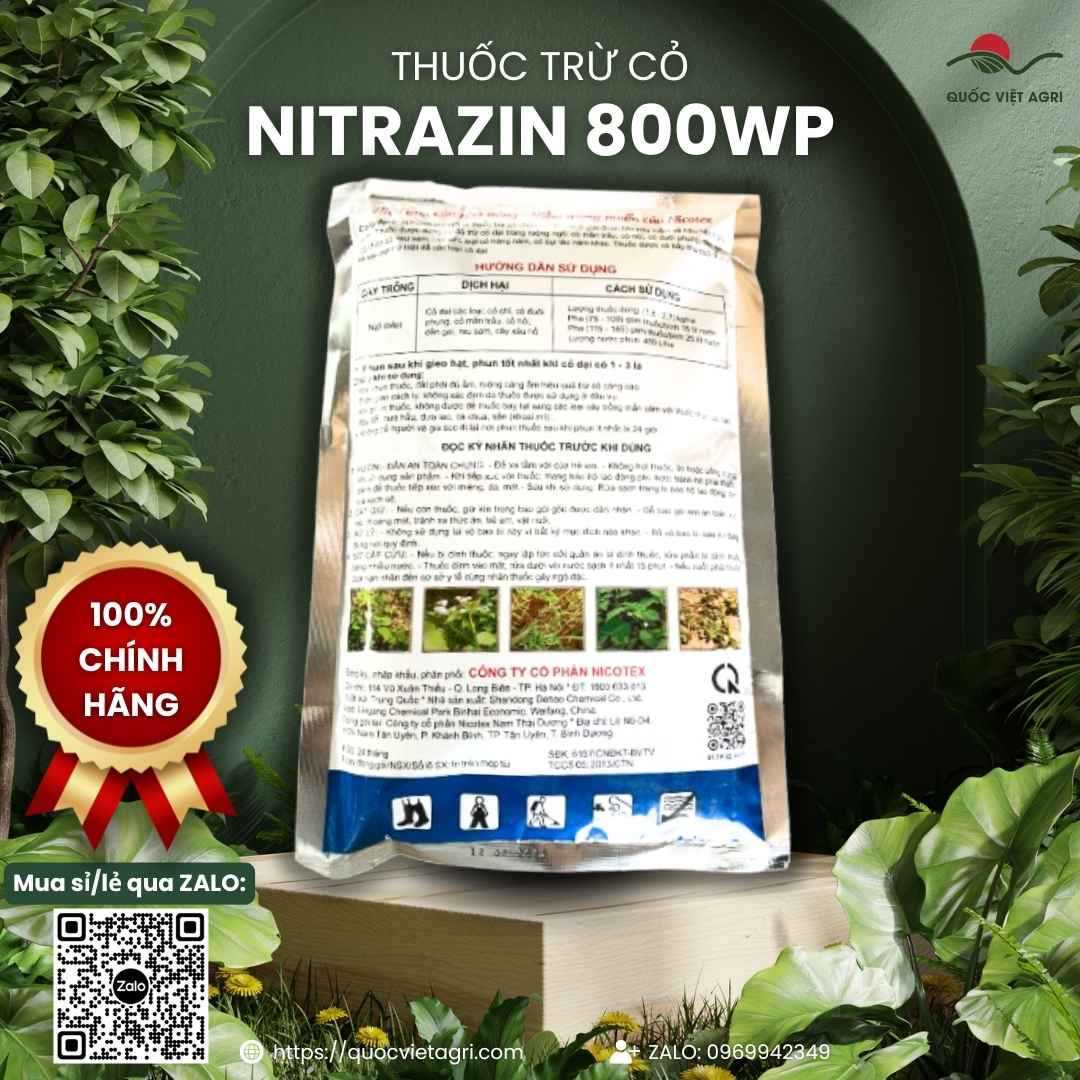 Mặt sau gói Nitrazin 800WP với thông tin hướng dẫn sử dụng trừ cỏ mần trầu, dền gai và cảnh báo an toàn cho cây mẫn cảm.