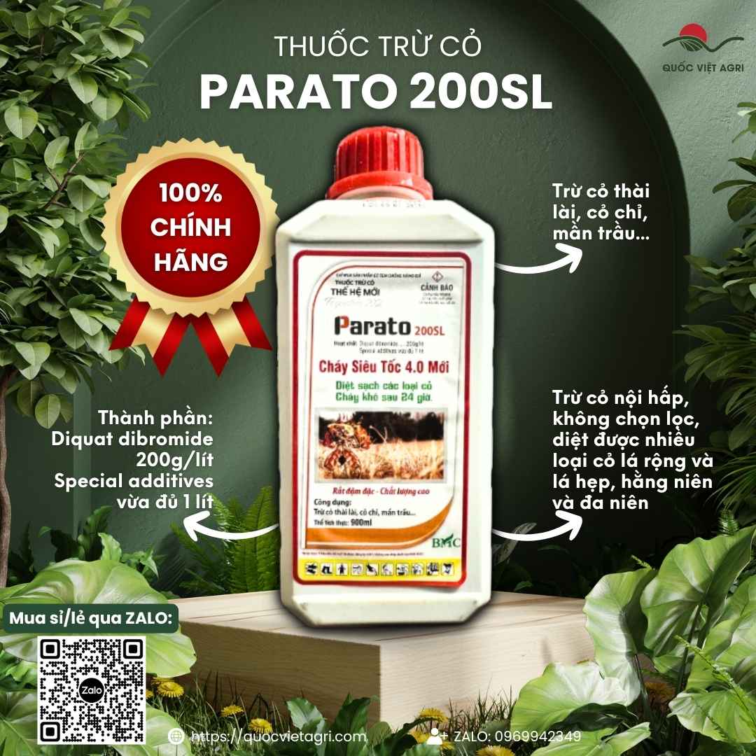 Mặt trước chai thuốc trừ cỏ Parato 200SL 900ml, chuyên dùng để diệt cỏ cháy siêu tốc, sản phẩm chính hãng của Quốc Việt Agri.