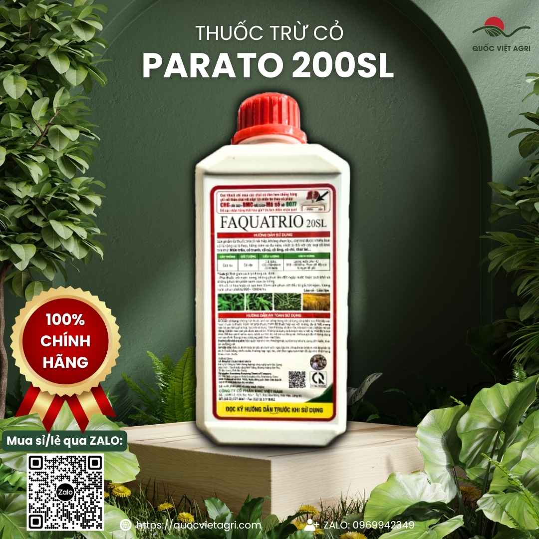 Mặt sau chai thuốc trừ cỏ Parato 200SL 900ml với thông tin thành phần hoạt chất Diquat dibromide và hướng dẫn sử dụng chi tiết.