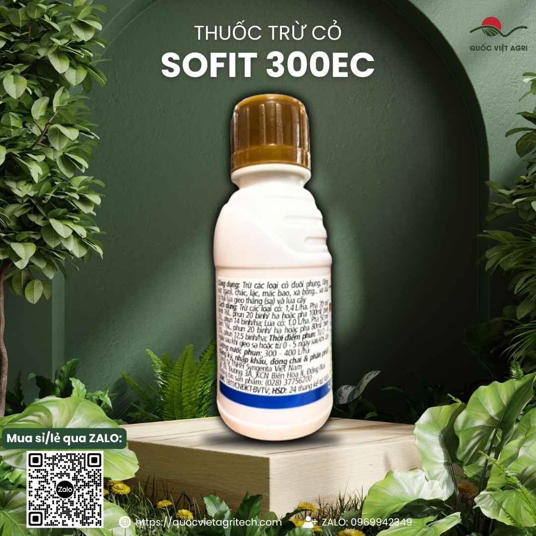 Mặt sau chai Sofit 300EC với thành phần Pretilachlor và chất an toàn Fenclorim, hướng dẫn phun sau sạ.