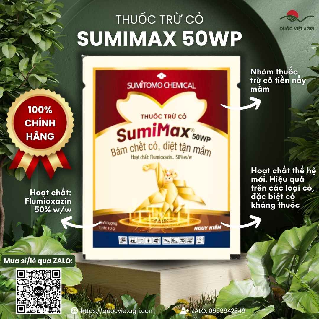 Mặt trước gói thuốc trừ cỏ mầm Sumimax 50WP 10g, chuyên dùng để diệt cỏ lá rộng cho khoai mì, đậu phộng, sản phẩm chính hãng Sumitomo.
