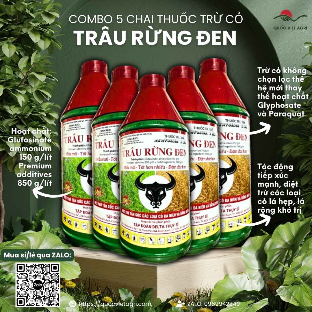 Mặt trước chai thuốc trừ cỏ Trâu Rừng Đen 900ml, chuyên dùng để khai hoang, diệt cỏ tranh, sản phẩm công nghệ Thụy Sĩ.
