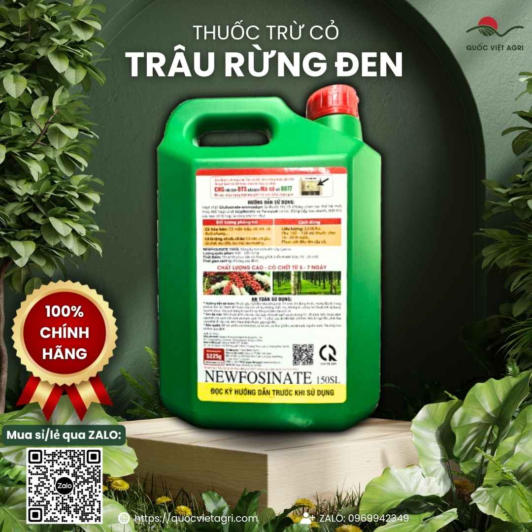 Mặt sau can thuốc trừ cỏ TRÂU RỪNG ĐEN 150SL 4.5 Lít, chứa Glufosinate-Ammonium 150g/l, công nghệ Thụy Sĩ, diệt cỏ nhanh.