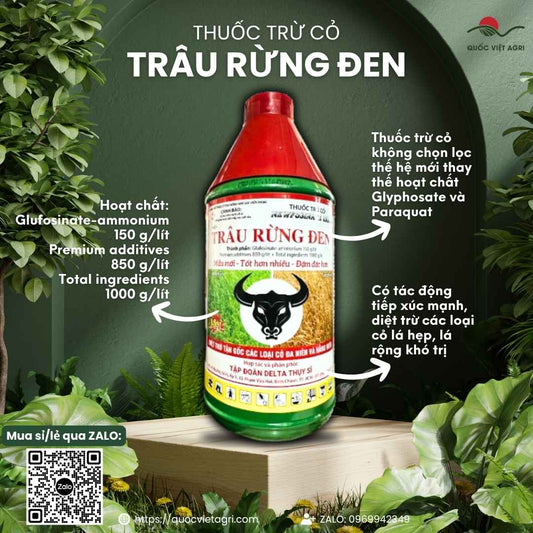 Mặt trước chai thuốc trừ cỏ TRÂU RỪNG ĐEN 150SL 900ml, chứa Glufosinate-Ammonium 150g/l, công nghệ Thụy Sĩ, diệt cỏ nhanh.