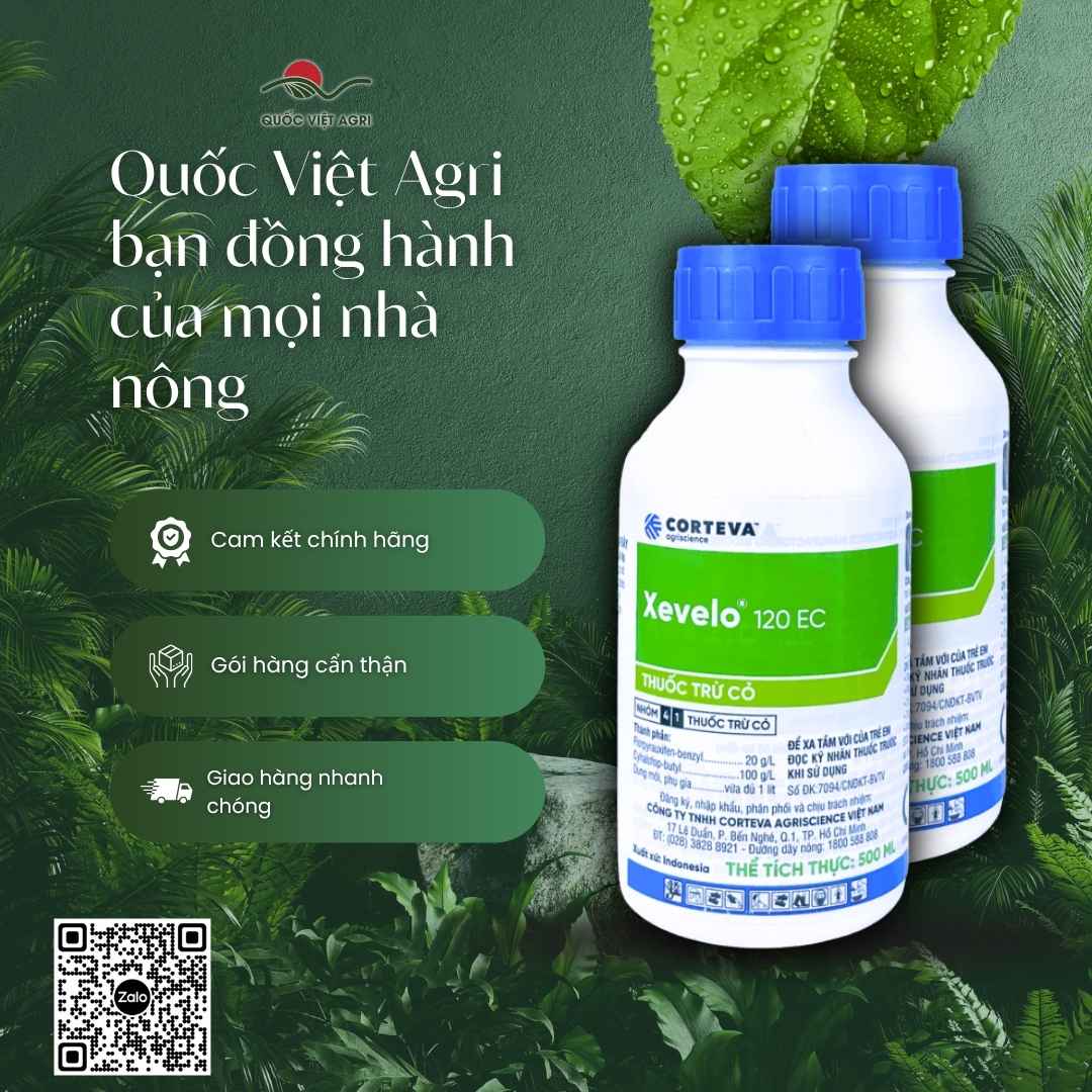 Mặt sau chai Xevelo 120EC với thành phần Flopyrauxifen-benzyl và Cyhalofop-butyl.
