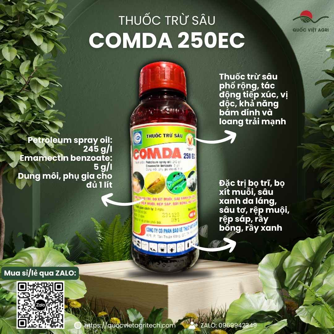 Mặt trước chai thuốc trừ sâu sinh học Comda 250EC 400ml, chuyên dùng để đặc trị bọ trĩ, rầy xanh, sản phẩm chính hãng của Quốc Việt Agri.