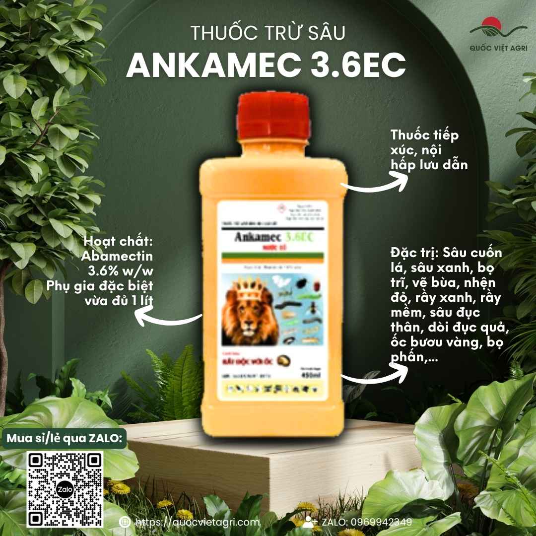 Mặt trước chai thuốc trừ sâu sinh học Ankamec 3.6EC Nước Đỏ 450ml, chuyên dùng để đặc trị nhện đỏ, sâu cuốn lá, sản phẩm chính hãng.