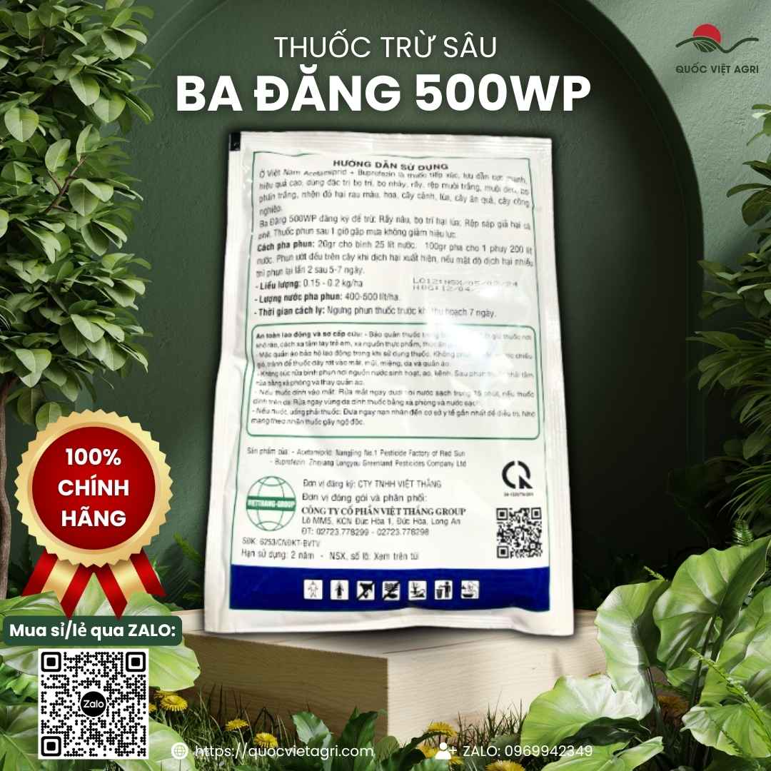 Mặt sau gói thuốc trừ sâu Ba Đăng 500WP 100g, chuyên dùng để đặc trị rệp sáp, bọ trĩ, sản phẩm chính hãng của Quốc Việt Agri.