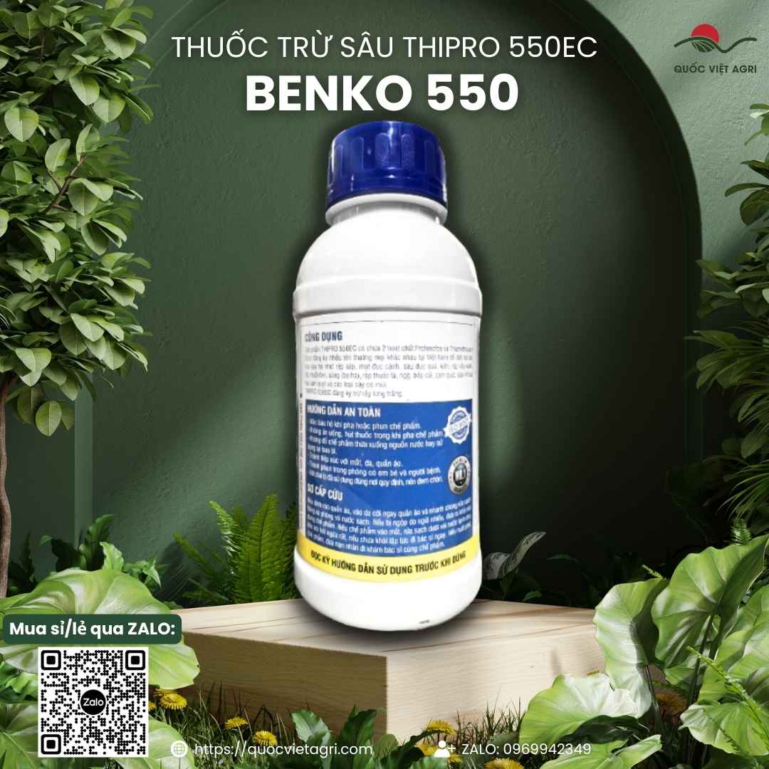 Mặt sau chai thuốc trừ sâu Thipro 550EC 450ml với thông tin thành phần Profenofos 450g/l, Thiamethoxam 100g/l và hướng dẫn phun xông hơi, lưu dẫn.