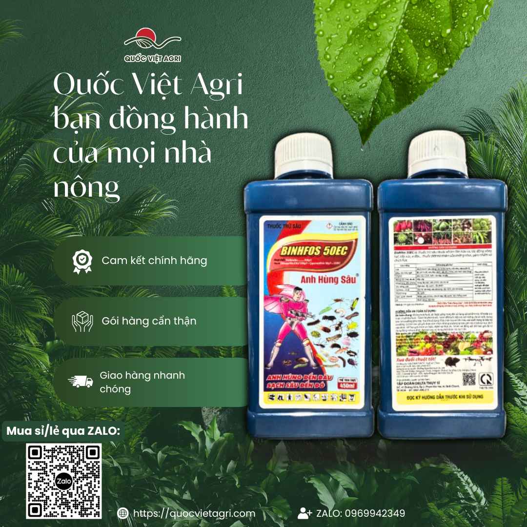 Ảnh toàn diện chai thuốc trừ sâu Binhfos 50EC 450ml, chuyên dùng để đặc trị sâu đục thân, rệp sáp, sản phẩm công nghệ Thụy Sĩ.
