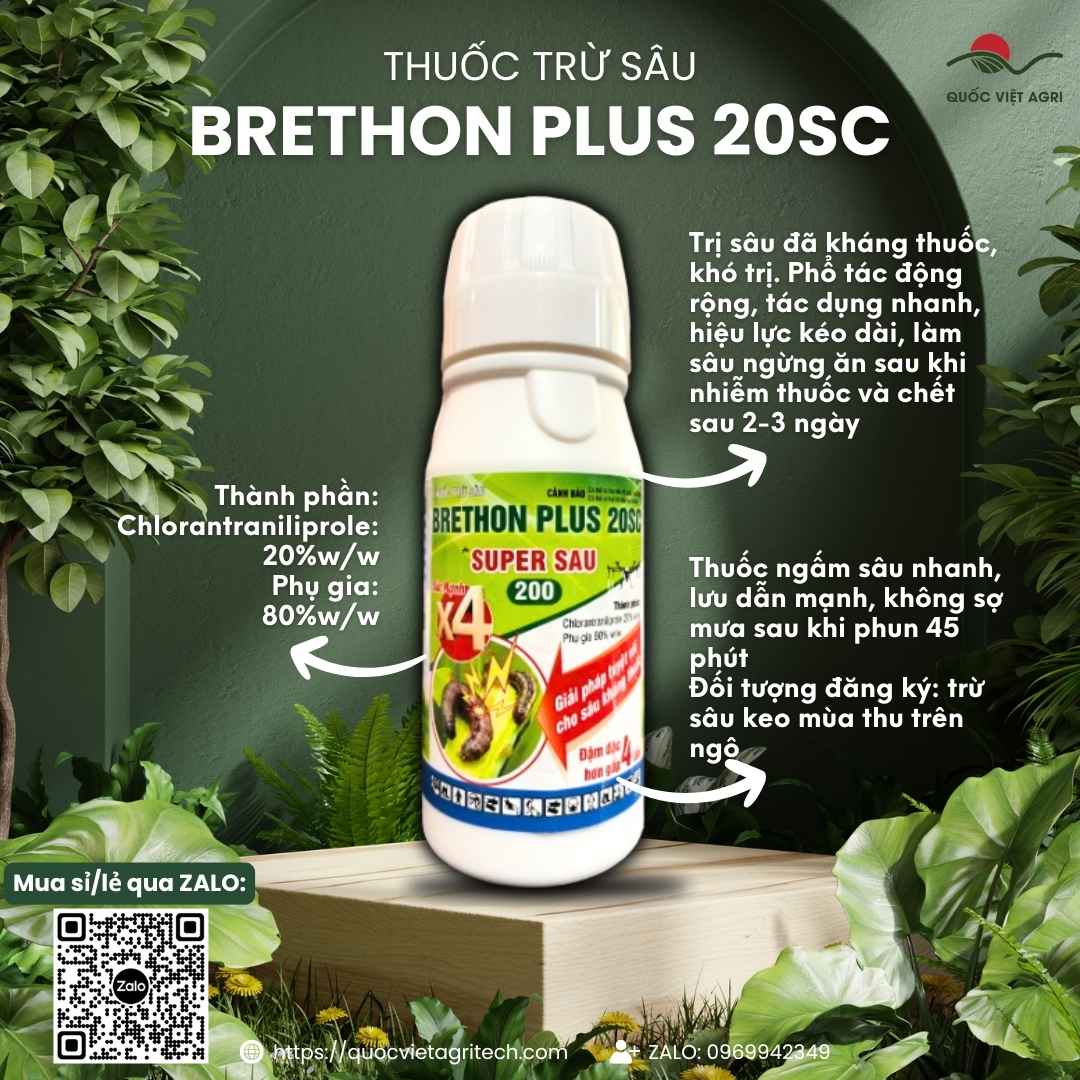 Mặt trước chai thuốc trừ sâu Brethon Plus 20SC 100ml (Super Sau 200), chuyên dùng để đặc trị sâu keo mùa thu, sâu kháng thuốc.