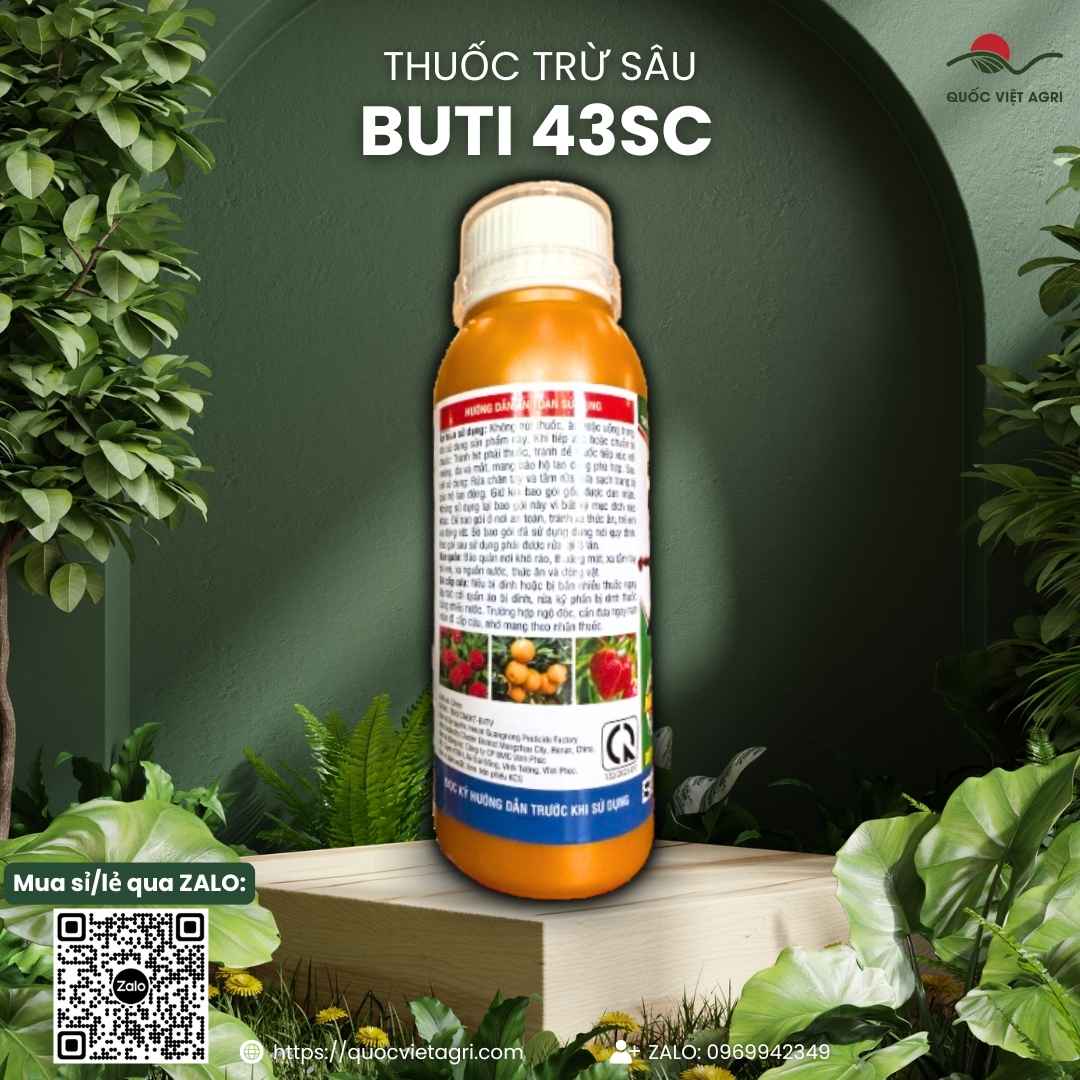 Mặt sau chai thuốc trừ nhện BUTI 43SC 240ml, chứa hoạt chất Bifenazate 43%, chuyên diệt nhện kháng thuốc, an toàn đọt non.