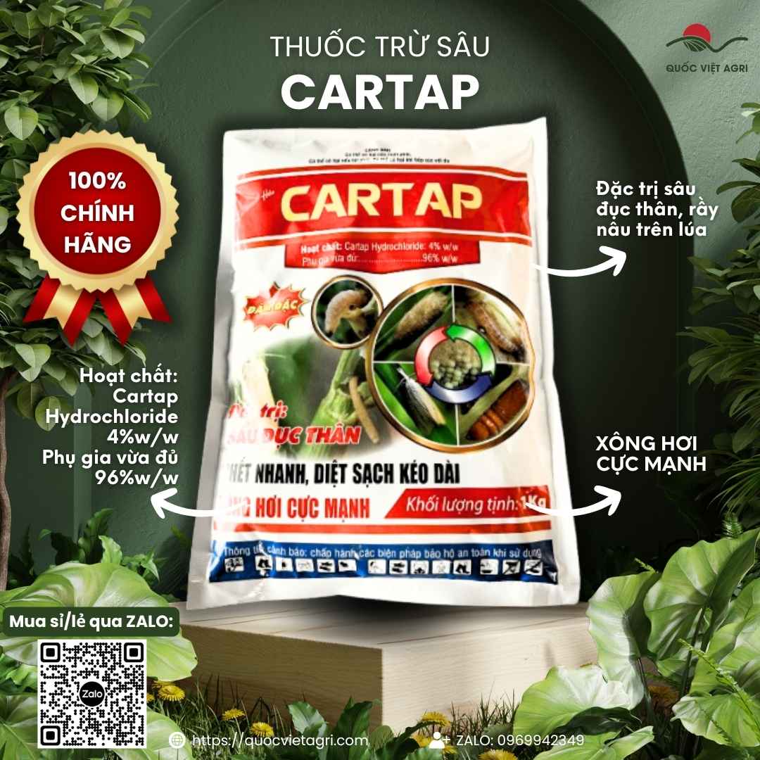 Mặt trước gói thuốc trừ sâu rải gốc Ledan 4GR 1kg, chuyên dùng để đặc trị sâu đục thân, muỗi hành, công nghệ Nhật Bản.