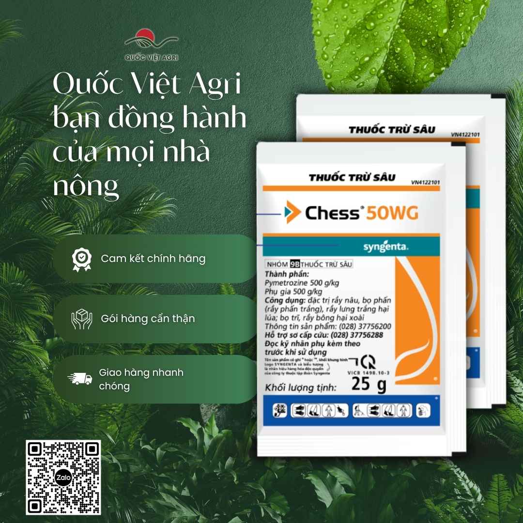 Bảng thành phần Pymetrozine 500g/kg mặt sau gói Chess trừ bọ trĩ.