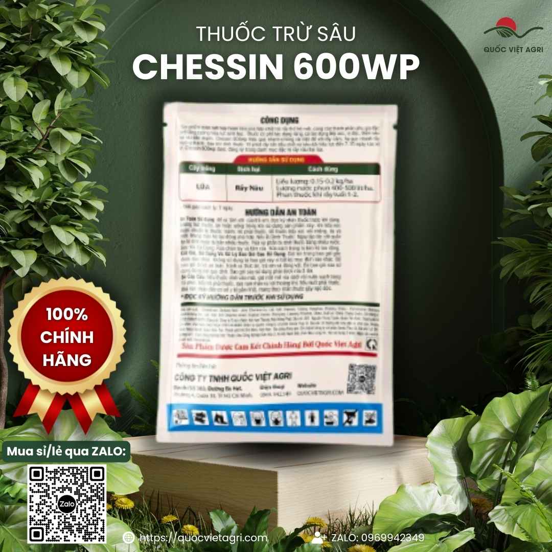 Mặt sau gói thuốc trừ sâu Chessin 600WP End Game 100g, chuyên dùng để đặc trị rầy nâu kháng thuốc, sản phẩm công nghệ Mỹ.
