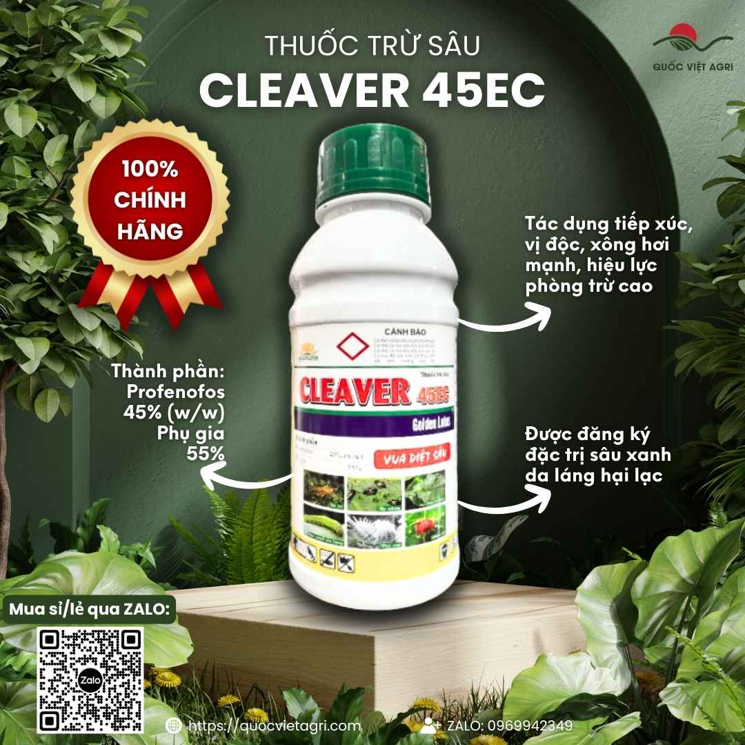 Mặt trước chai thuốc trừ sâu Cleaver 45EC 450ml, chuyên dùng để đặc trị sâu xanh da láng, sâu khoang, sản phẩm chính hãng.