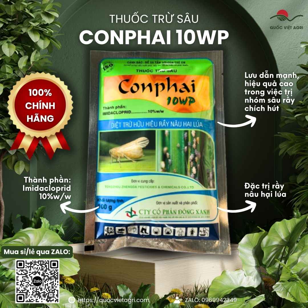 Mặt trước gói thuốc trừ sâu Conphai 10WP 100g, chuyên dùng để đặc trị rầy nâu hại lúa, sản phẩm chính hãng.