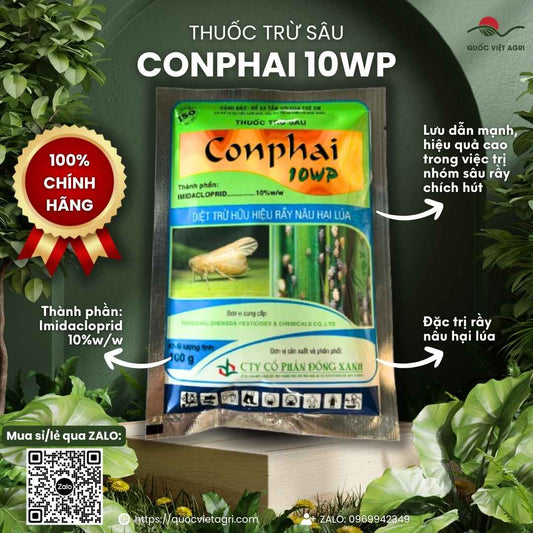 Mặt trước gói thuốc trừ sâu Conphai 10WP 100g, chuyên dùng để đặc trị rầy nâu hại lúa, sản phẩm chính hãng.