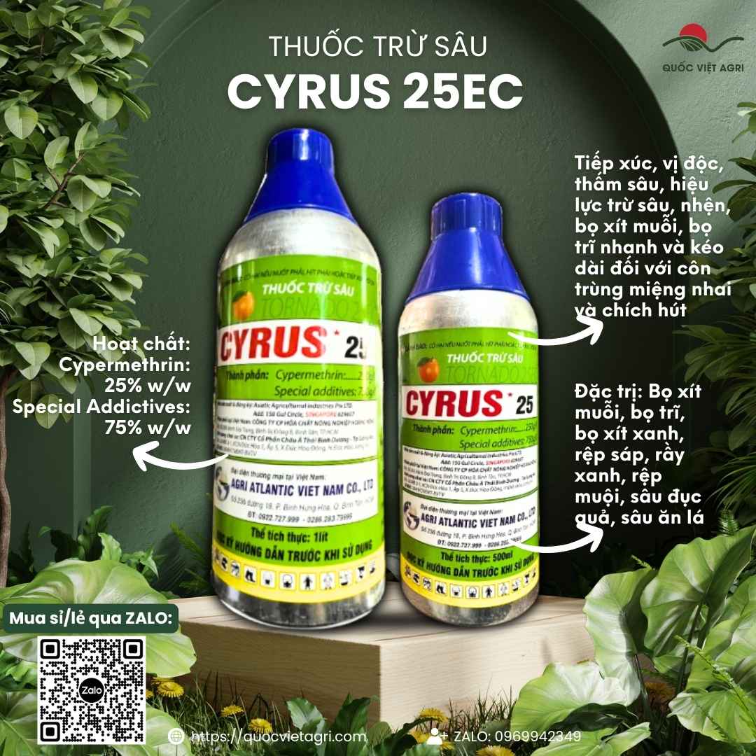Mặt trước chai thuốc trừ sâu Cyrus 25EC 500ml, chuyên dùng để đặc trị sâu cuốn lá, sâu hồng, sản phẩm chính hãng của Quốc Việt Agri.
