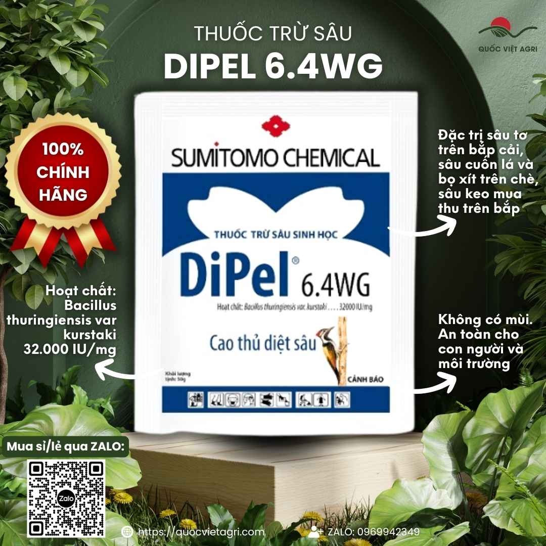 Mặt trước gói thuốc trừ sâu sinh học Dipel 6.4WG 50g, chuyên dùng để đặc trị sâu keo mùa thu, sâu tơ, sản phẩm chính hãng Sumitomo.