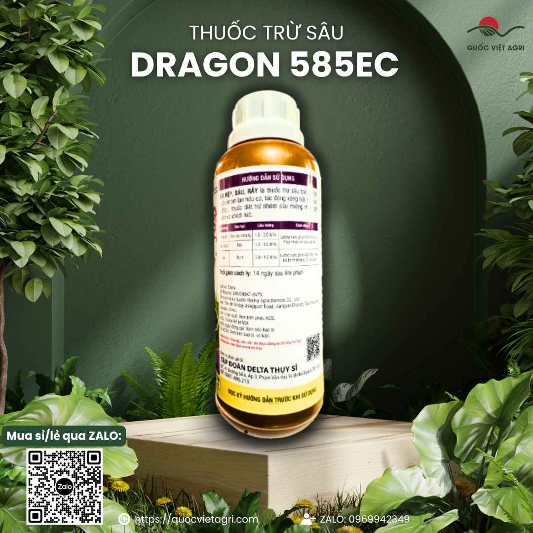 Mặt trước chai thuốc trừ sâu DRAGON GOLD 585EC 450ml, chứa Profenofos 500g/l, đặc trị rệp, sâu khoang, bọ trĩ.