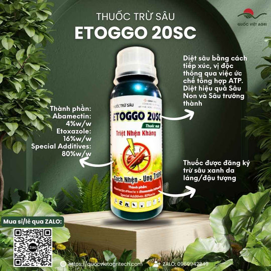 Mặt trước chai thuốc trừ nhện Etoggo 20SC 200ml, chuyên dùng để đặc trị nhện kháng thuốc, sản phẩm chính hãng.