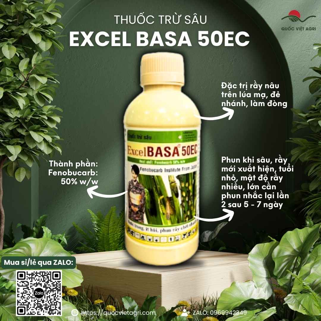 Mặt trước chai thuốc trừ sâu Excel Basa 50EC 450ml, chuyên dùng để đặc trị rầy nâu hại lúa, sản phẩm chính hãng VITHACO.