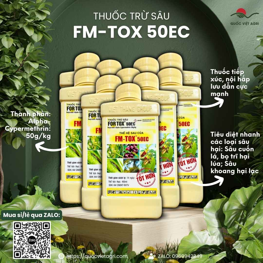 Mặt trước chai thuốc trừ sâu FM-Tox 50EC 450ml, chuyên dùng để đặc trị sâu cuốn lá, sâu khoang, sản phẩm chính hãng VITHACO.