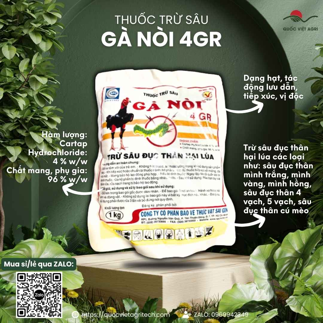 Mặt trước gói thuốc trừ sâu rải gốc Gà Nòi 4GR 1kg, chuyên dùng để đặc trị sâu đục thân lúa, sùng đất.