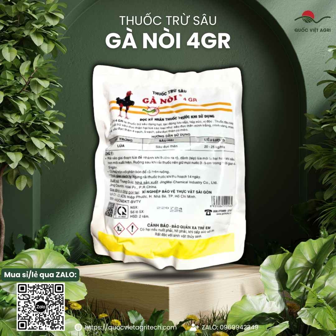 Mặt sau gói thuốc trừ sâu rải gốc Gà Nòi 4GR 1kg, chuyên dùng để đặc trị sâu đục thân lúa, sùng đất.