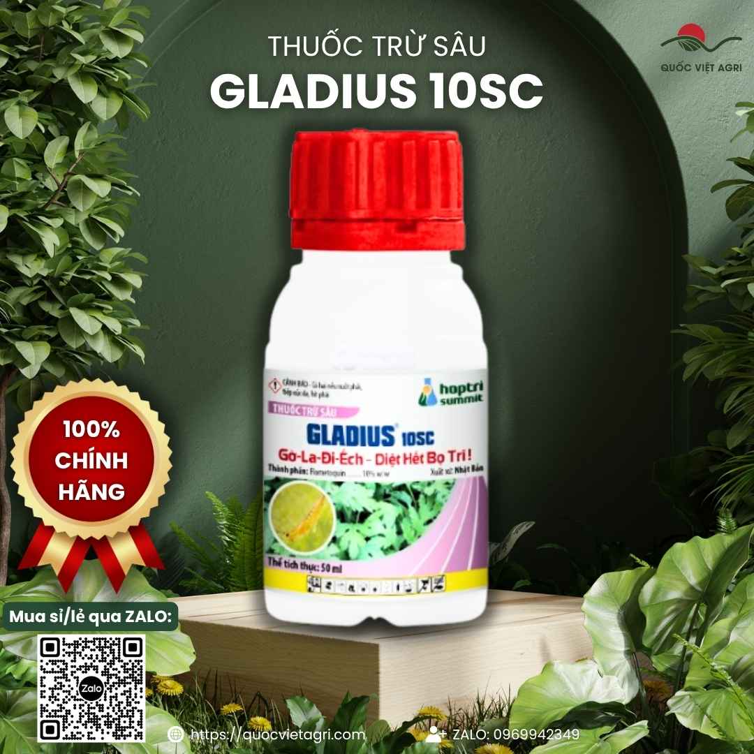 Hoạt chất Flometoquin 10% đặc trị bọ trĩ kháng thuốc trên nhãn chai Gladius.