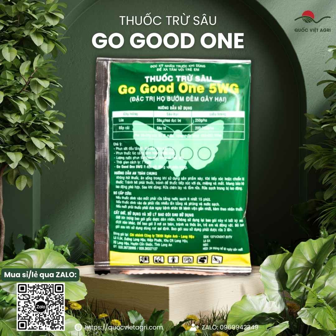 Mặt sau gói thuốc trừ sâu sinh học Go Good One 5WG 10g, chuyên dùng để đặc trị họ bướm đêm, sản phẩm chính hãng.