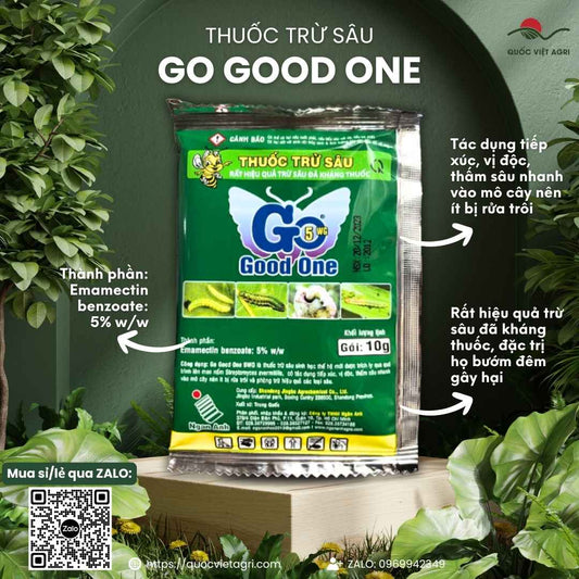 Mặt trước gói thuốc trừ sâu sinh học Go Good One 5WG 10g, chuyên dùng để đặc trị họ bướm đêm, sản phẩm chính hãng.