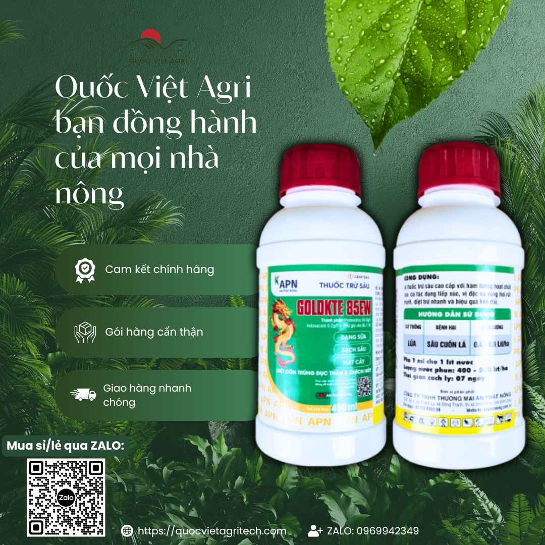 Ảnh toàn diện chai thuốc trừ sâu Goldkte 85EW Rồng Lửa 450ml, chuyên dùng diệt rệp sáp, dạng sữa mát cây, chính hãng An Phát Nông.