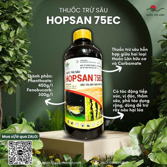 Mặt trước chai thuốc trừ sâu Hopsan 75EC 450ml, đặc trị cháy rầy, dập dịch cấp tốc, sản phẩm từ Ấn Độ.