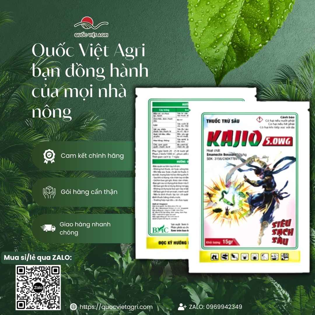 Mặt trước gói thuốc trừ sâu sinh học Kajio 5WG 15g, chuyên dùng để đặc trị sâu tơ, sâu xanh, sản phẩm chính hãng Singapore.