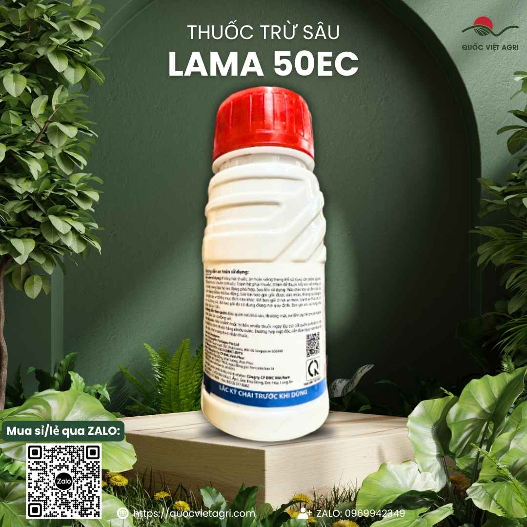 Mặt sau chai thuốc trừ nhện Lama 50EC 240ml, chuyên dùng để đặc trị nhện gié, nhện đỏ, sản phẩm chính hãng của BMC.